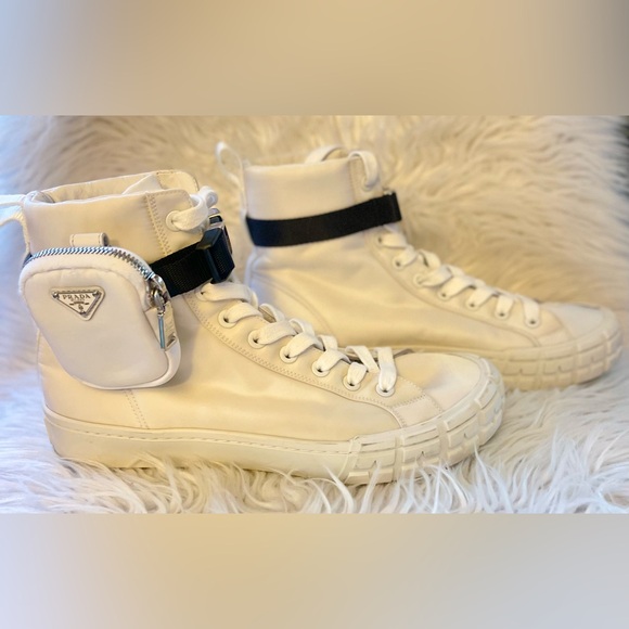 Prada White High-Top Sneakers with Black Strap - Picture 2 of 14